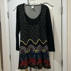 Funky people L black bohemian print long sleeve scoop neck bold print dress euc